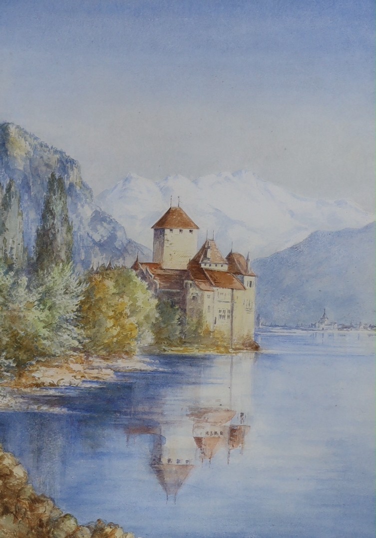 Douglas, Pinder (1886-1949), watercolour, Beach scene, signed and dated '87, 19 x 28cm, a still life of roses by A.Kemp Tebby, and an unsigned Swiss lake scene